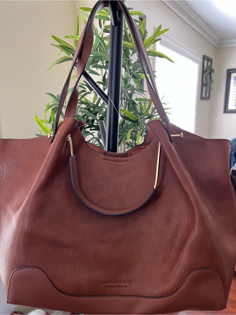 Brown Leather Tote with Gold Accent Handles -